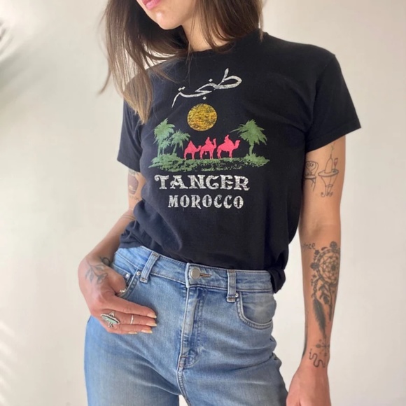 Vintage Tops - Vintage 90s Tanger Tangier طنج Morocco Souvenir T-shirt Desert Arabic Tee Cotton